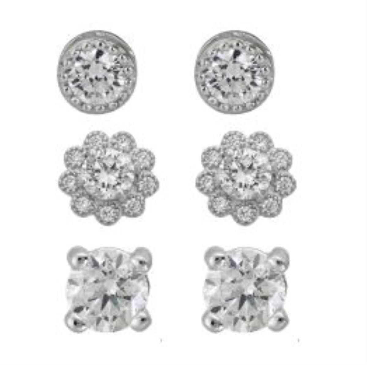 Sterling Silver Rhodium Pave Milgrain Rd, Flower and 3mm Rd Solitaire Stud Set