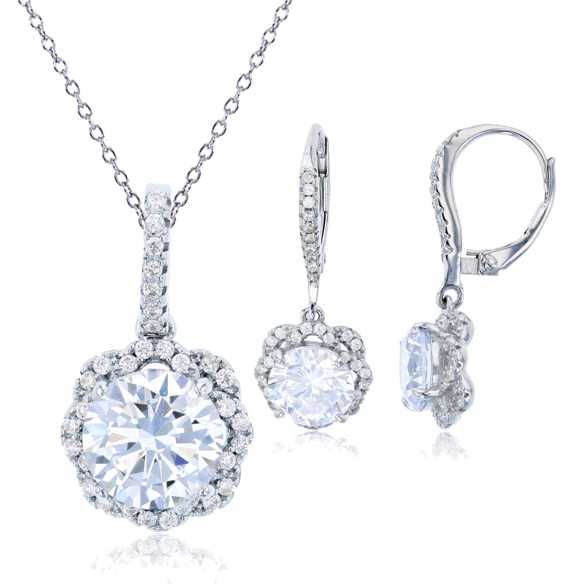Sterling Silver Rhodium Pave 8mm Halo Round Cut Flower Dangling Earring and 18" Necklace Set