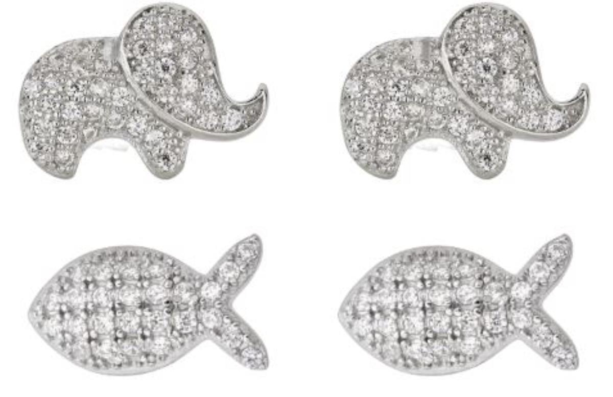 Sterling Silver Rhodium Pave Elephant and Fish Stud Set