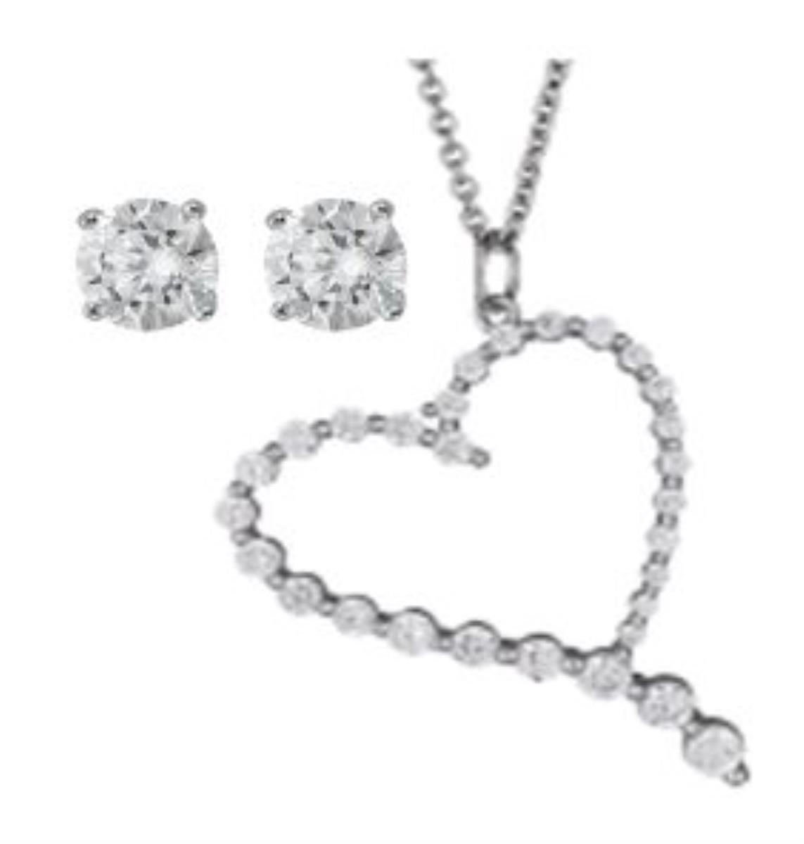 Sterling Silver Rhodium 8mmRd Solitaire Stud and Graduated Heart 18" Necklace