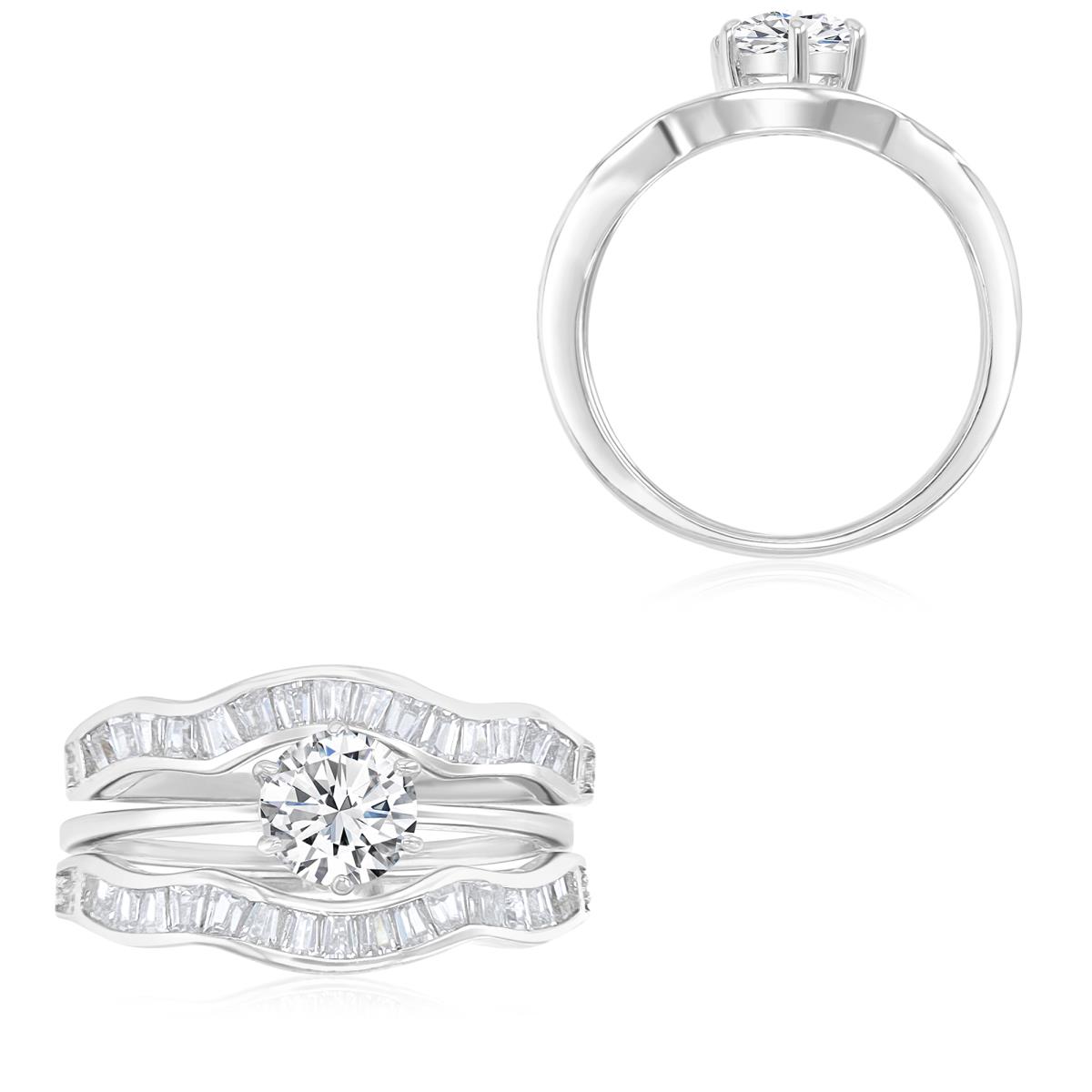 Sterling Silver Rhodium 6.00mm Round Solitaire with Baguette Bands Trio Wedding Ring Set