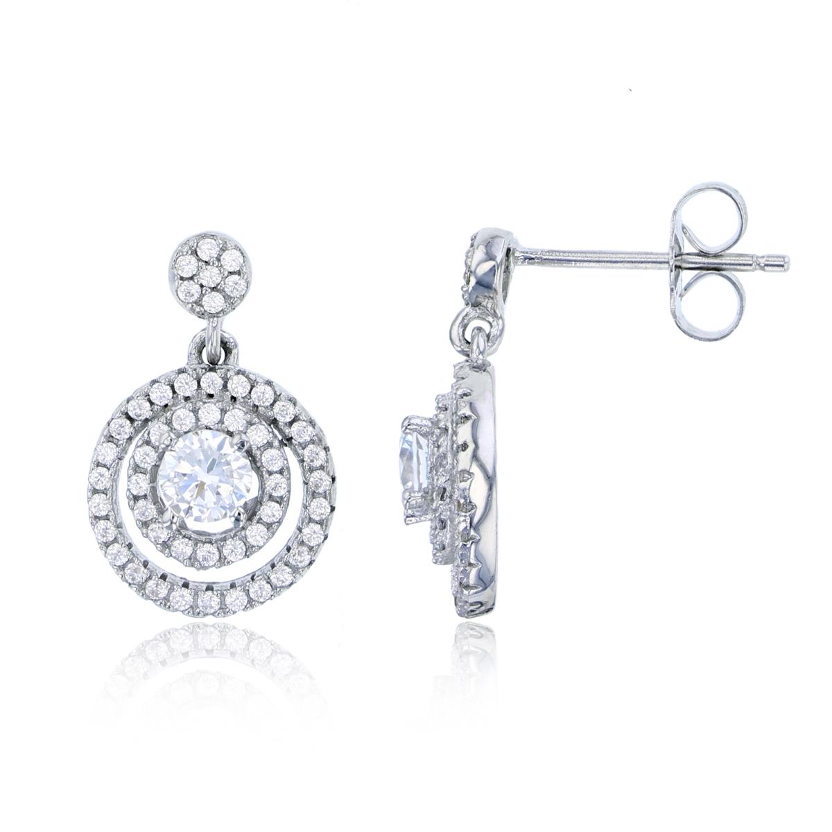 Sterling Silver Rhodium 4mm Round CZ  Double Circle Dangling Earring