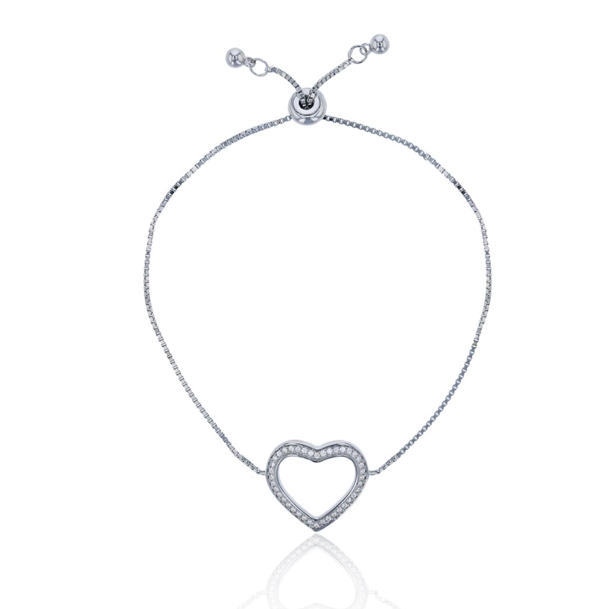 Sterling Silver Rhodium Round CZ Open Heart Adjustable Bracelet