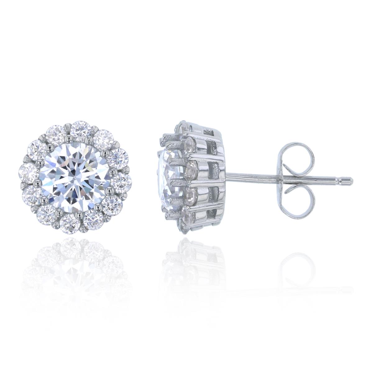 Sterling Silver Rhodium Round CZ Cluster Stud Earring