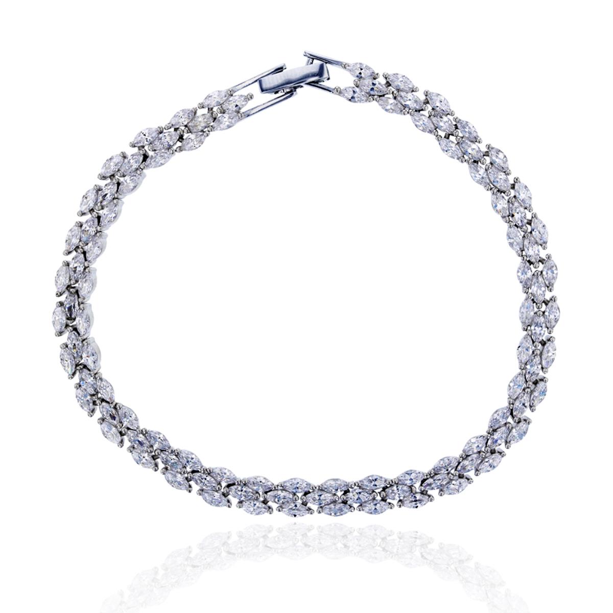 Sterling Silver Rhodium 3-Row Marquise Cut CZ 7" Tennis Bracelet