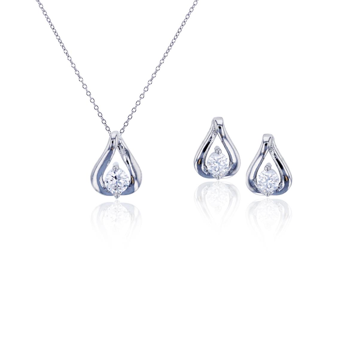 Sterling Silver Rhodium Micropave 3.5mm Rd Teardrop Earring and 18" Necklace Set