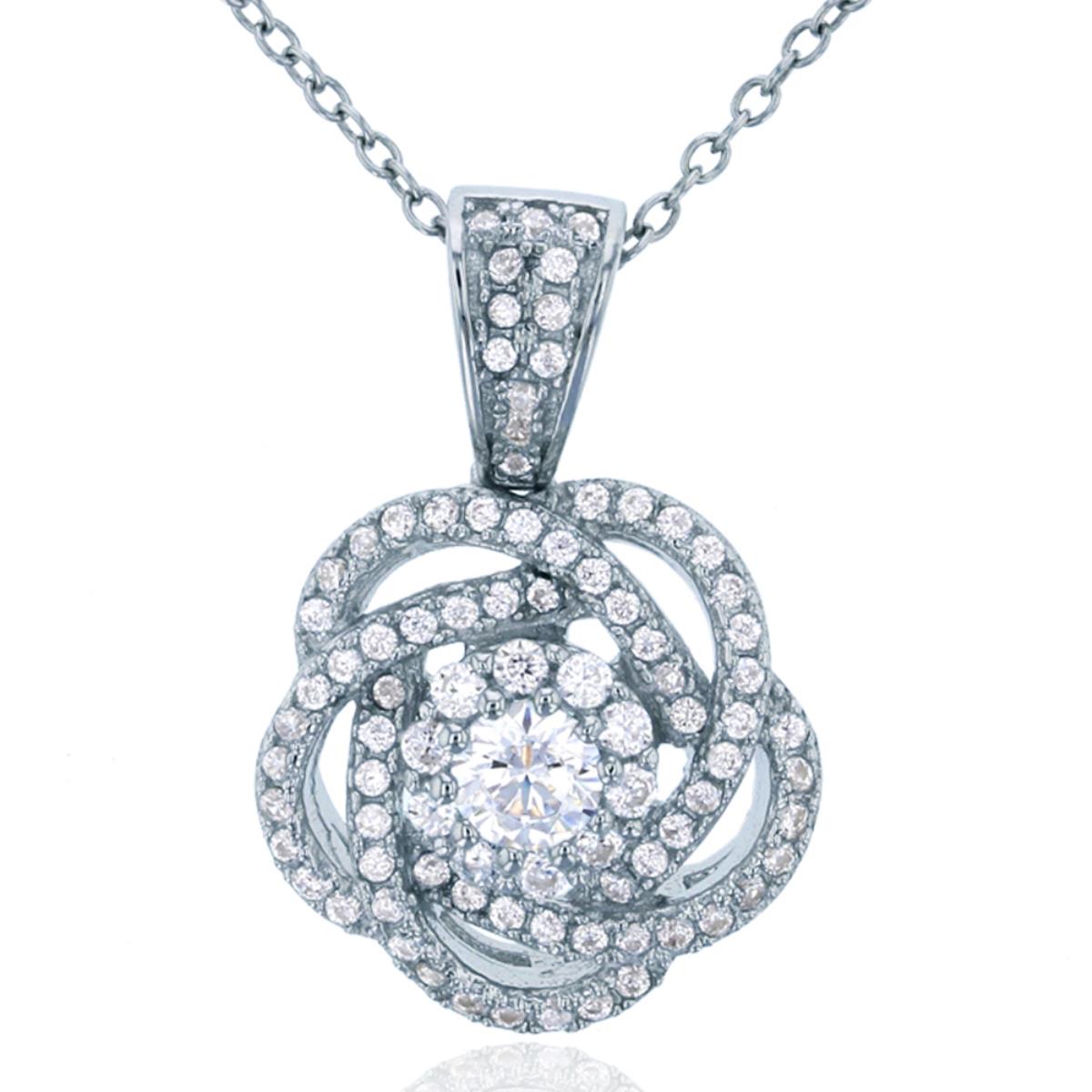 Sterling Silver Rhodium Micropave Rose Pendant 18+2" Necklace