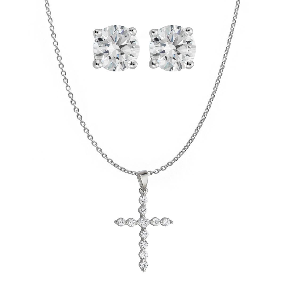 Platinum Plated Brass Pave Cross Necklace + 8MM Round Solitaire Stud Earring Set