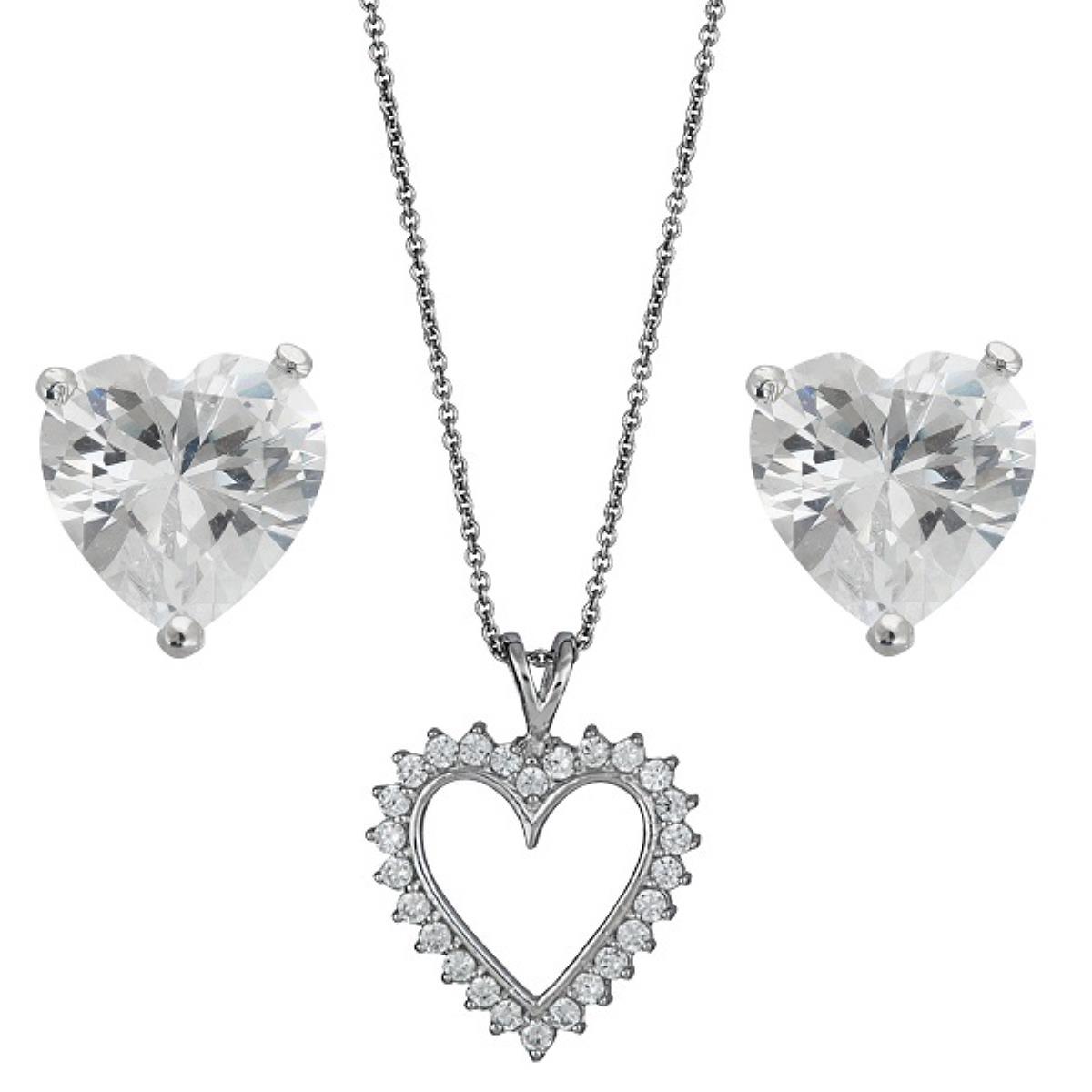 Platinum Plated Brass Pave Heart Necklace + 6MM Heart Solitaire Stud Earring Set