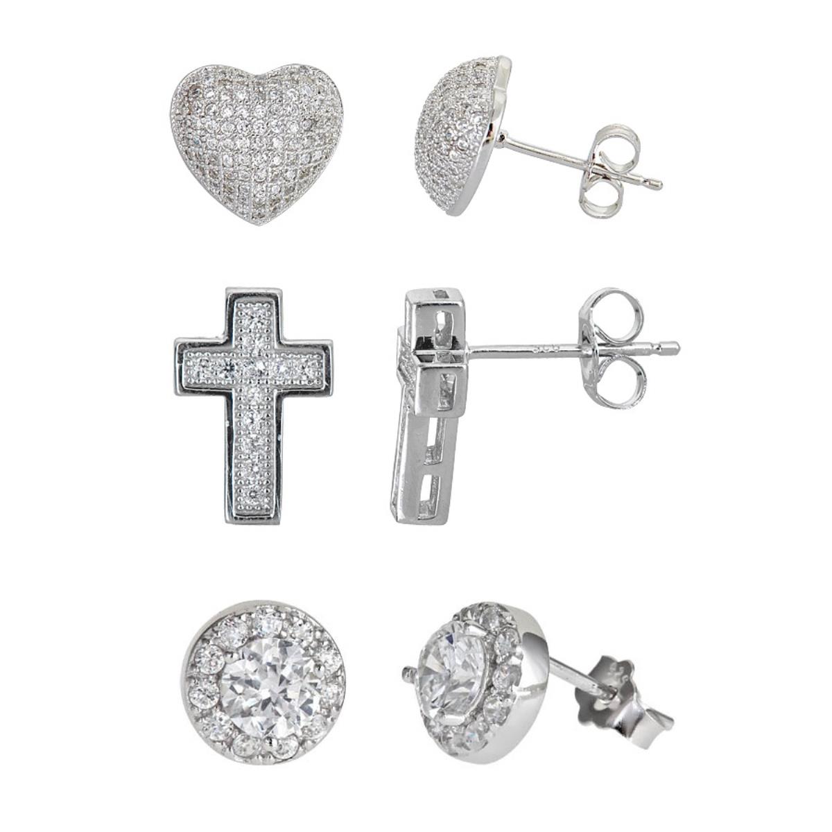 Platinum Plated Brass Rhodium Pave Puff Heart, Micropave Cross, Round Halo Stud Set Kit
