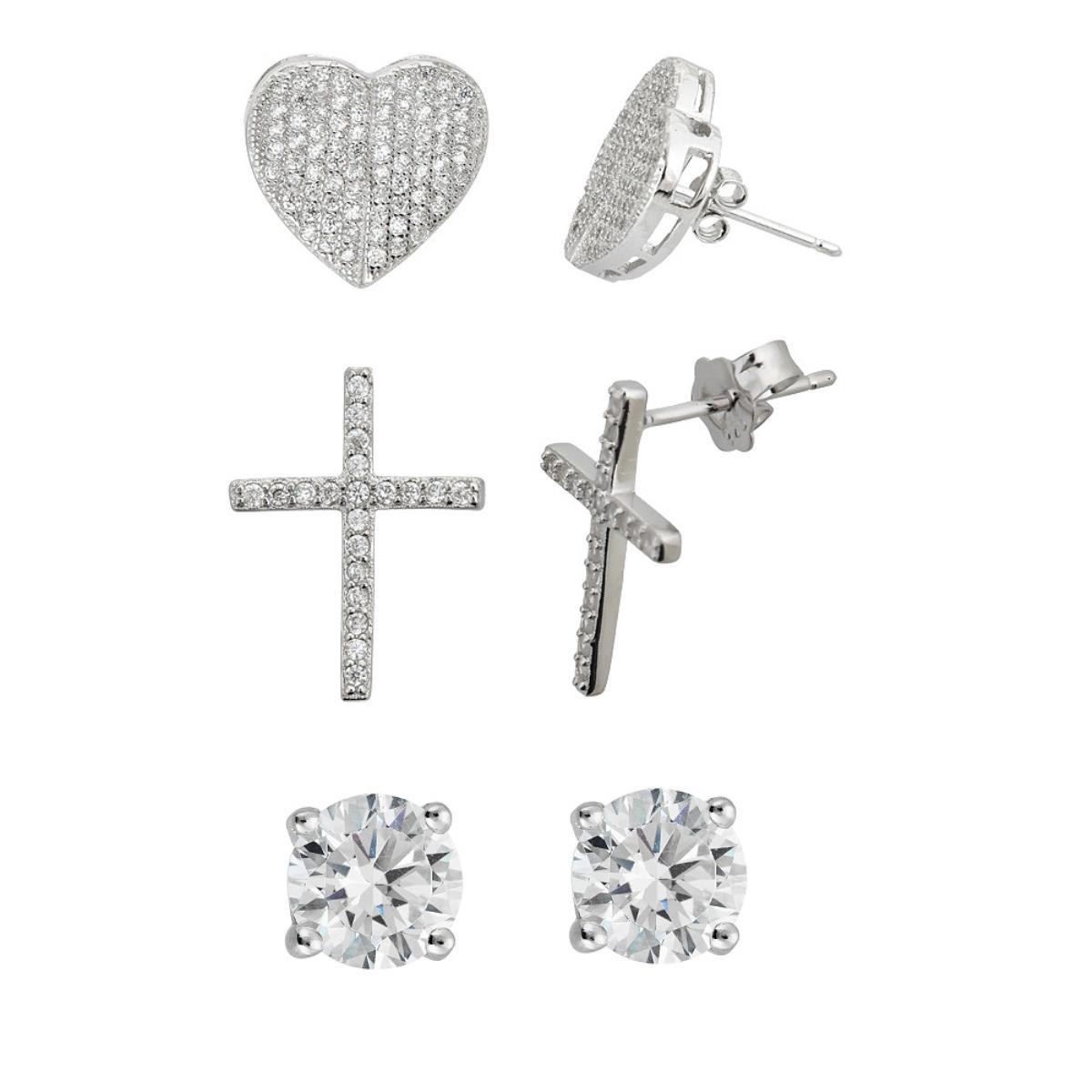 Platinum Plated Brass Rhodium Micropave Slit Heart, Micropave Cross, 8MM Round Cut Solitaire Stud Set Kit