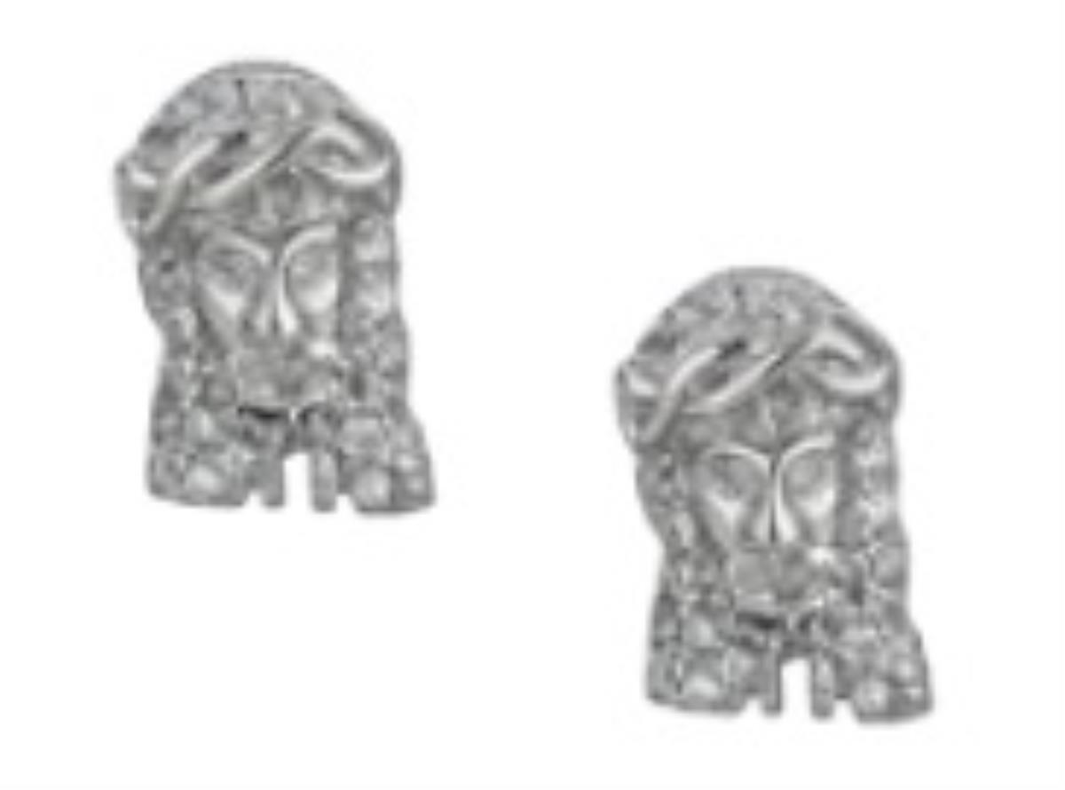 Pure Platinum Plated Brass 12.5x9mm Micropave Jesus Head Stud Earring