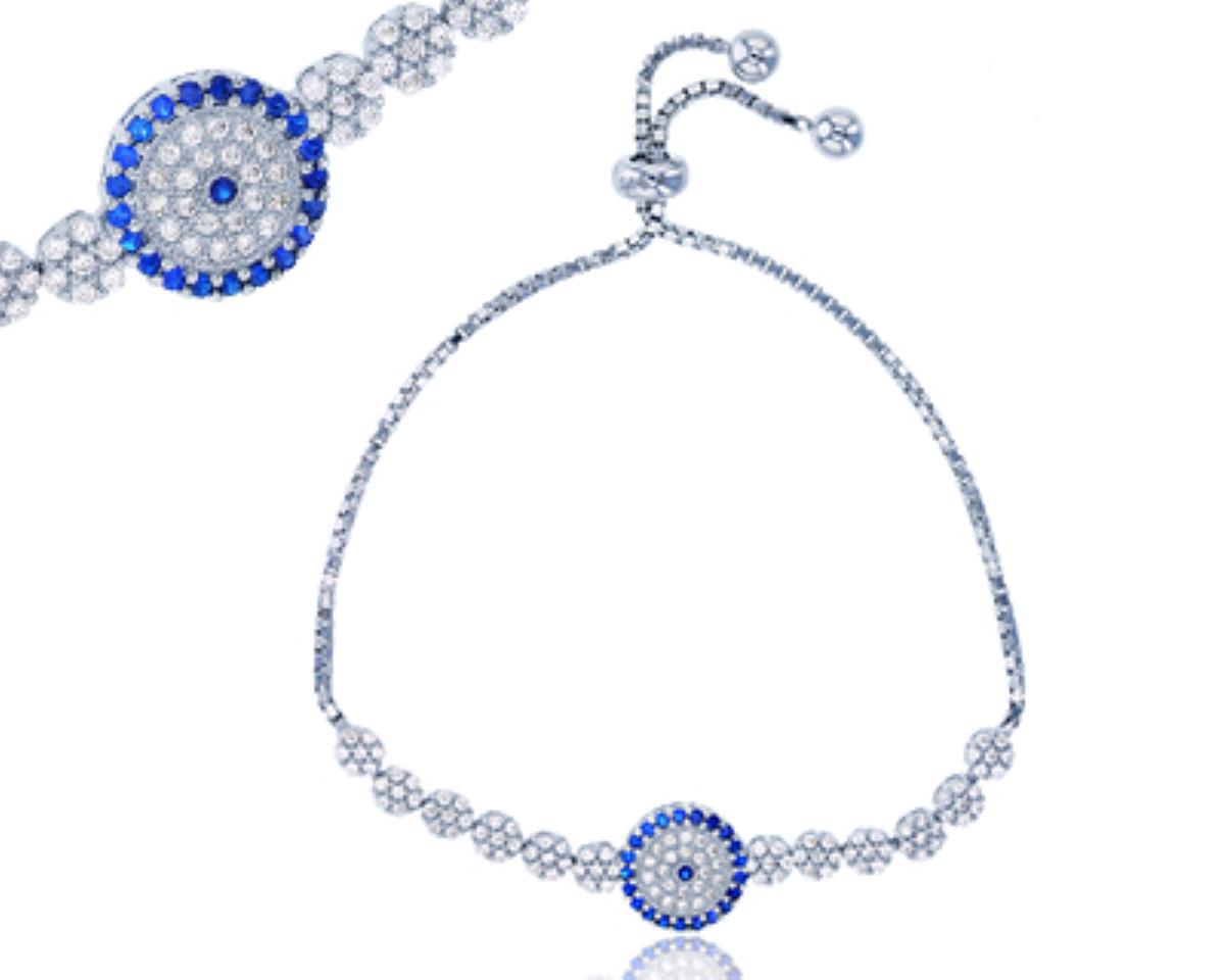 Sterling Silver Rhodium Sapphire Blue  & Clear CZ Evil Eye Adjustable Bracelet