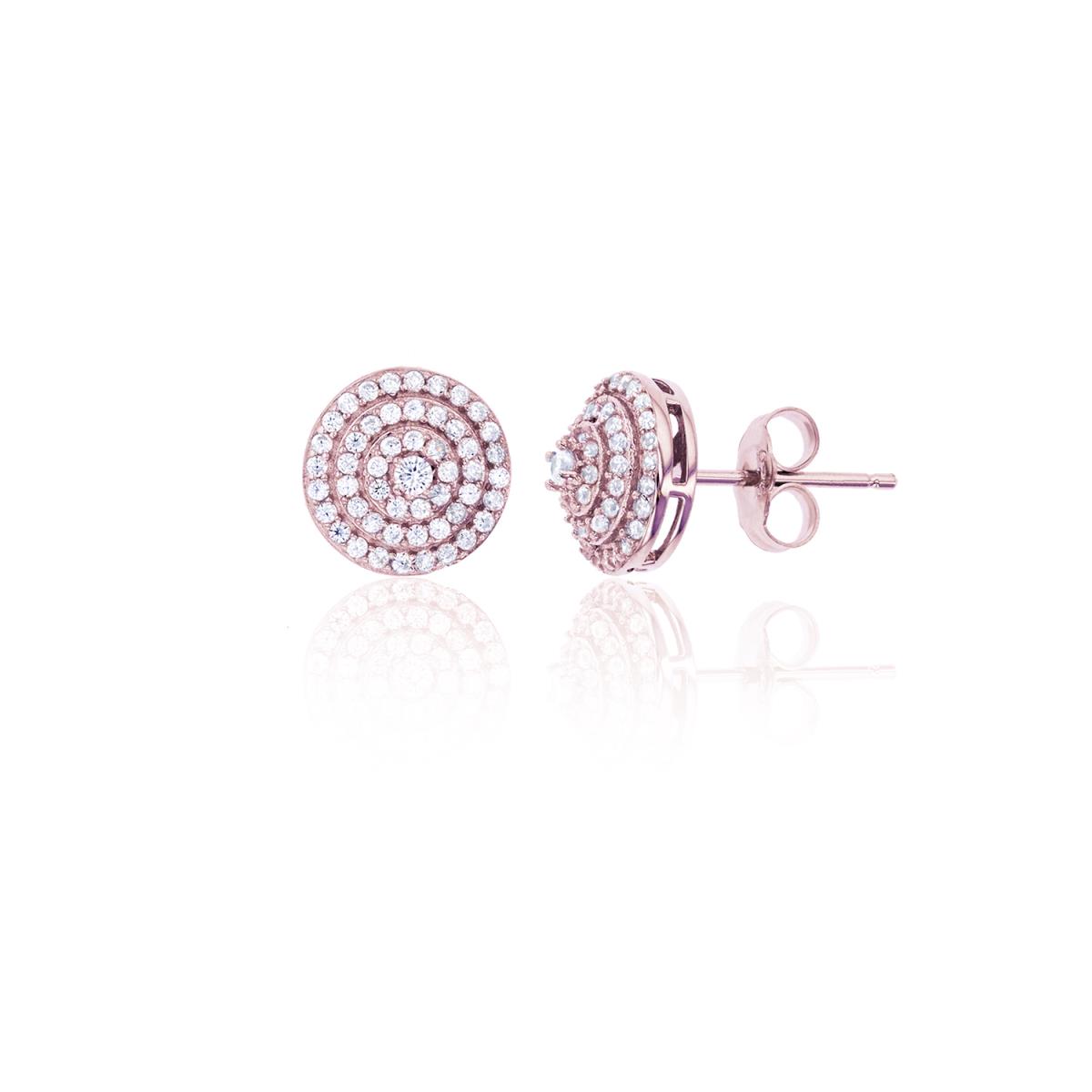 Sterling Silver Rose Pave Round CZ Multi-Row Circle Stud Earring