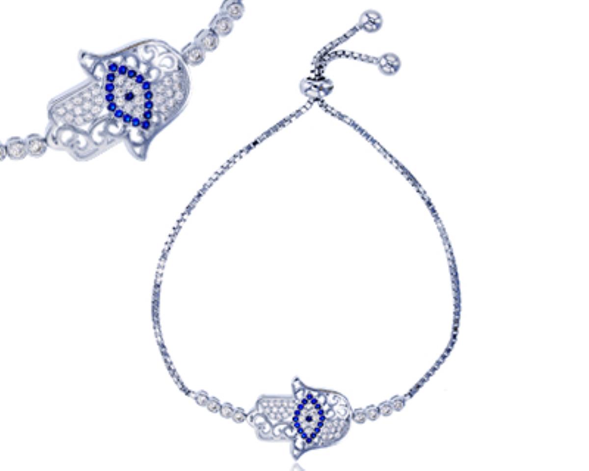 Sterling Silver Rhodium Sapphire Blue & Clear CZ Hamsa Adjustable Bracelet