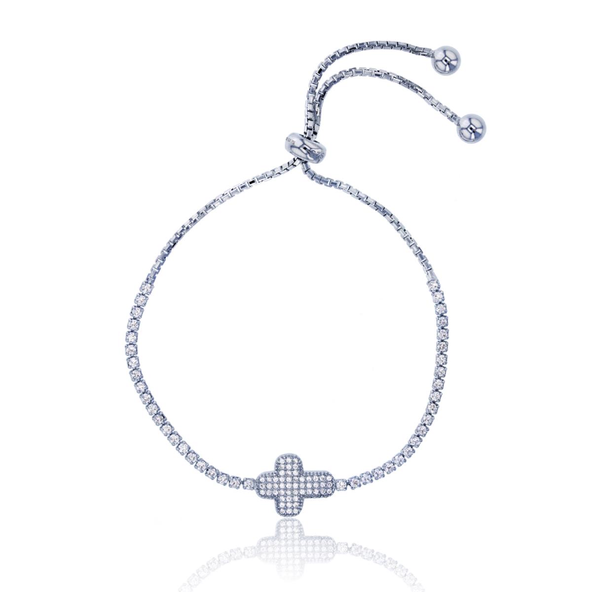 Sterling Silver Rhodium Micropave Cross Adjustable Bracelet