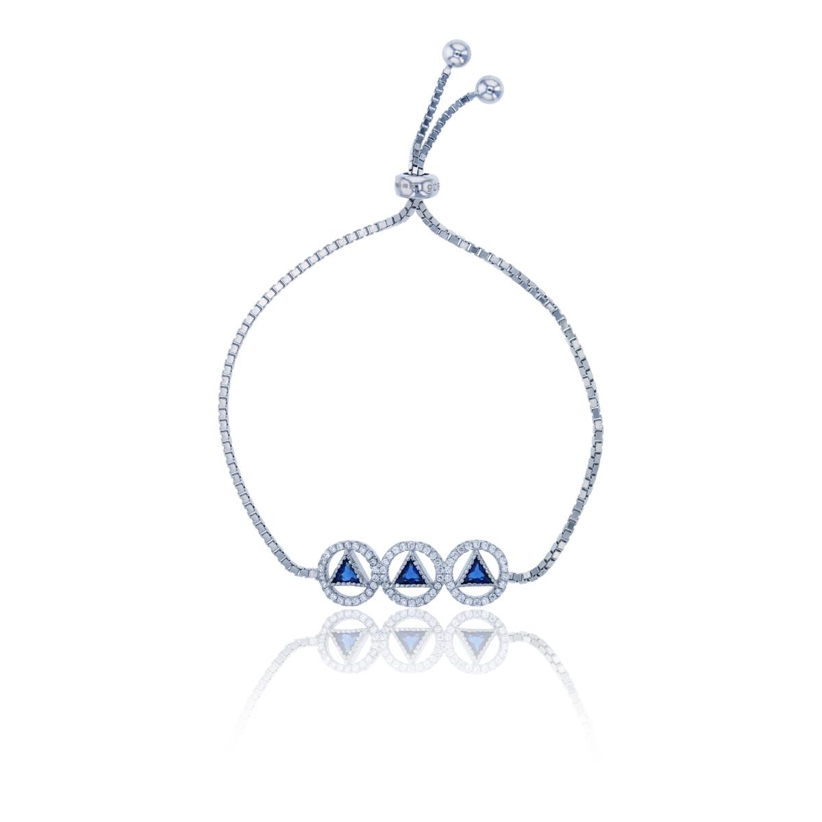 Sterling Silver Rhodium 4mm Blue Triangle Glass & Clear CZ Adjustable Bracelet