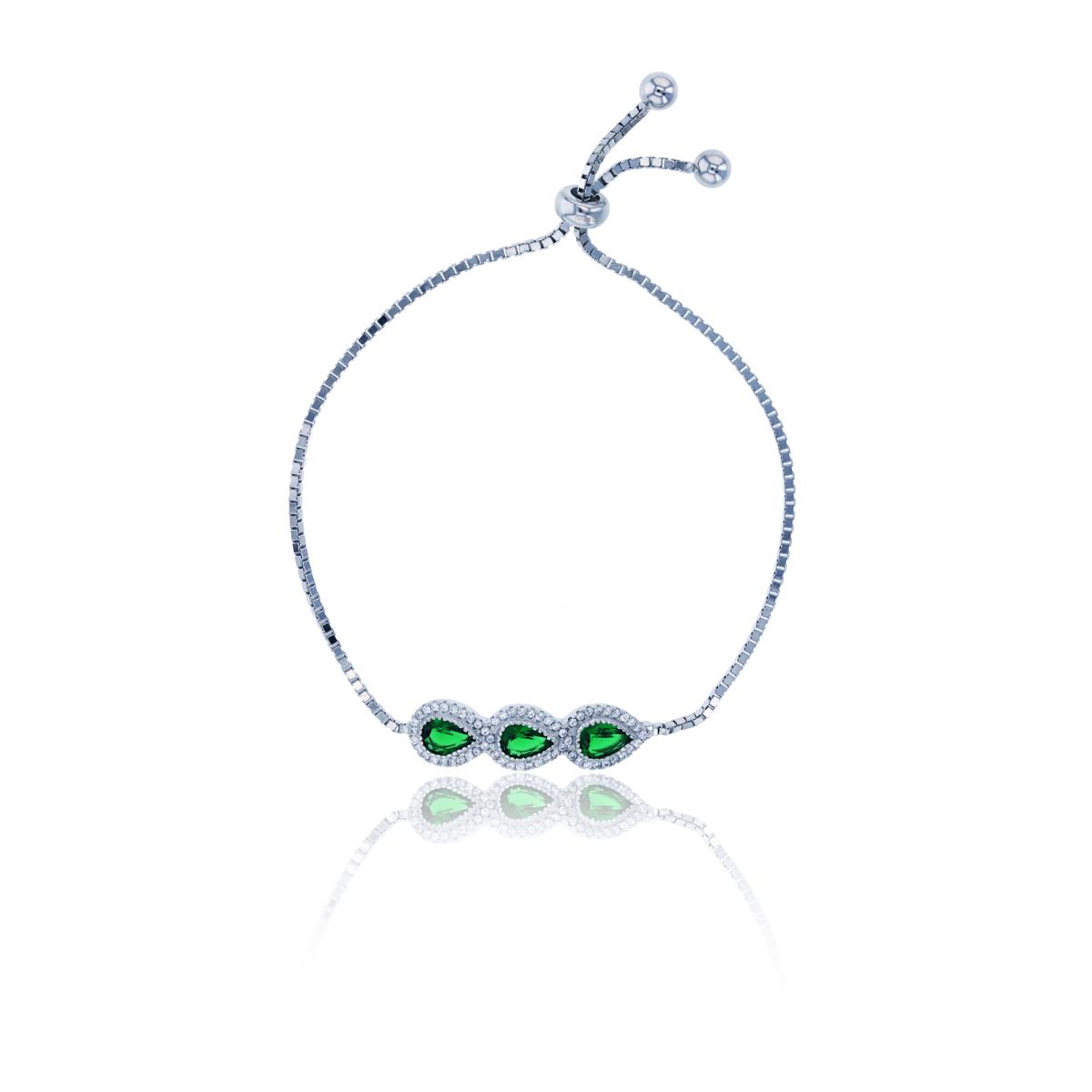 Sterling Silver Rhodium 5x7mm Pear Emerald Green Glass & Clear CZ Adjustable Bracelet