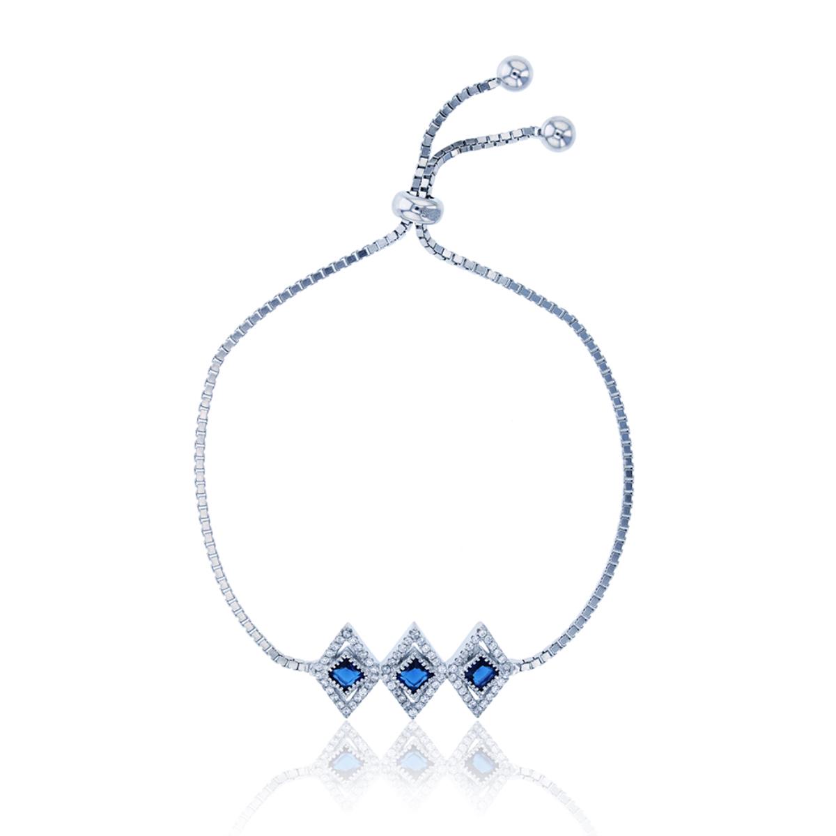 Sterling Silver Rhodium 4mm Sapphire Blue & Clear CZ Diamond Shape Adjustable Bracelet
