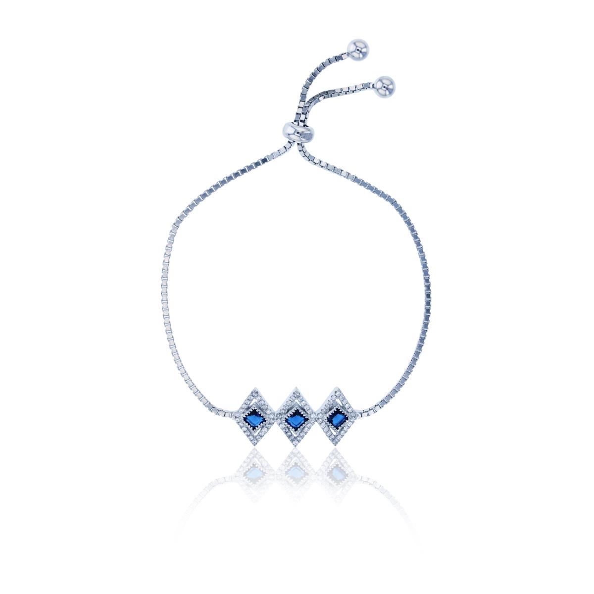 Sterling Silver Rhodium 4mm Sapphire Blue Glass & Clear CZ Diamond Shape Adjustable Bracelet