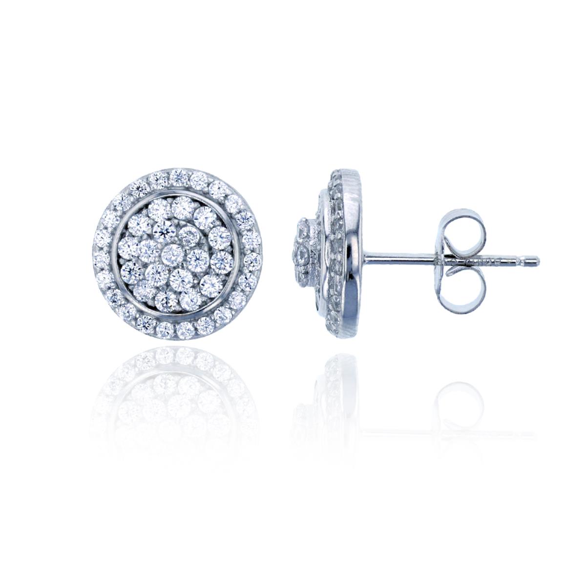Sterling Silver Rhodium Micropave Round CZ Circle Stud Earring