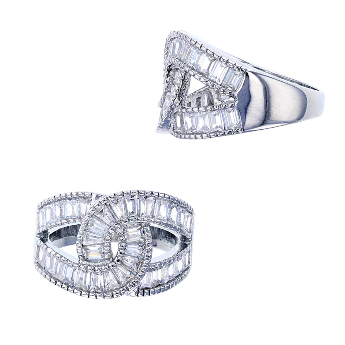 Sterling Silver Rhodium Baguette CZ Interlocking Fashion Ring
