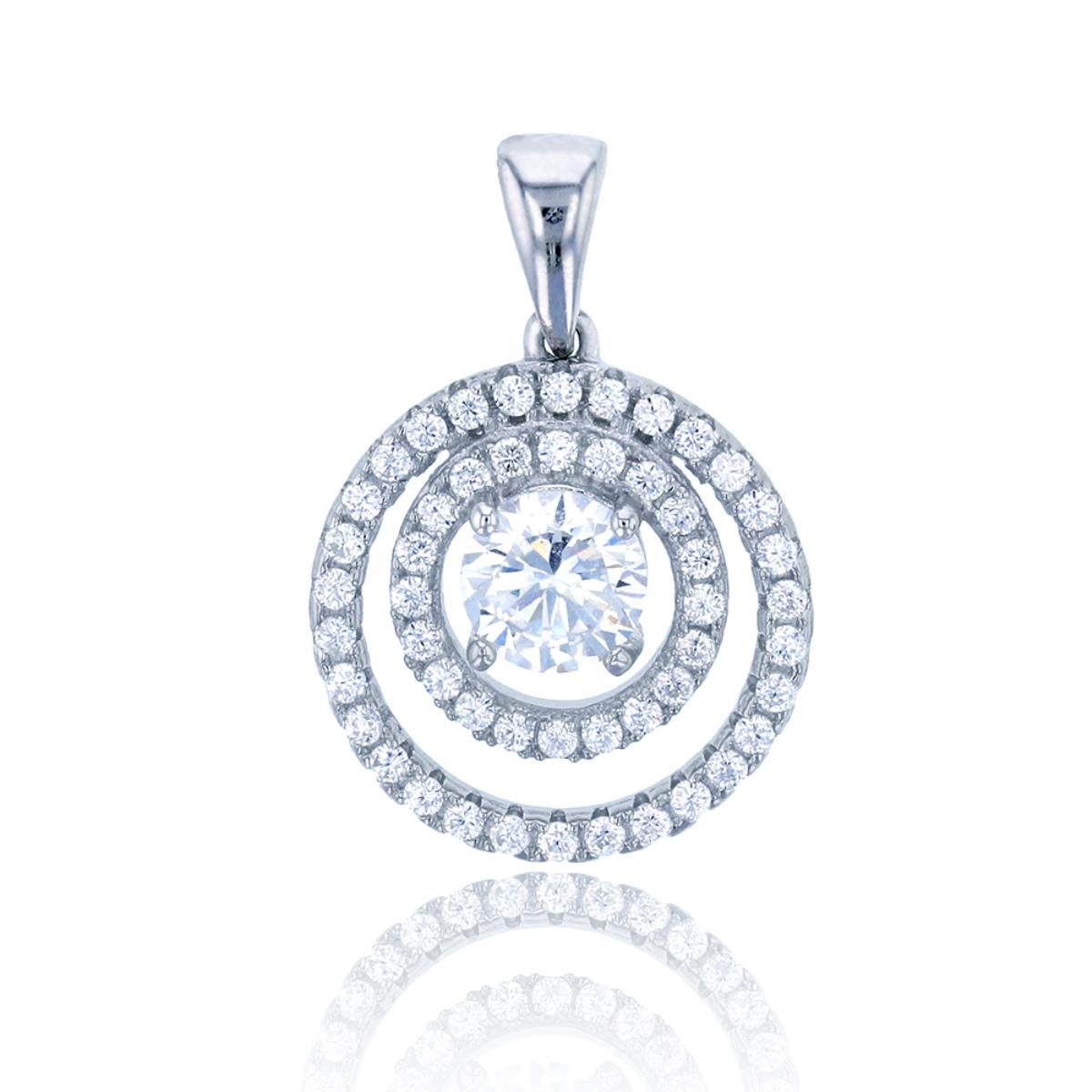 Sterling Silver Rhodium 5.5mm Round CZ Double Circle Dangling Pendant