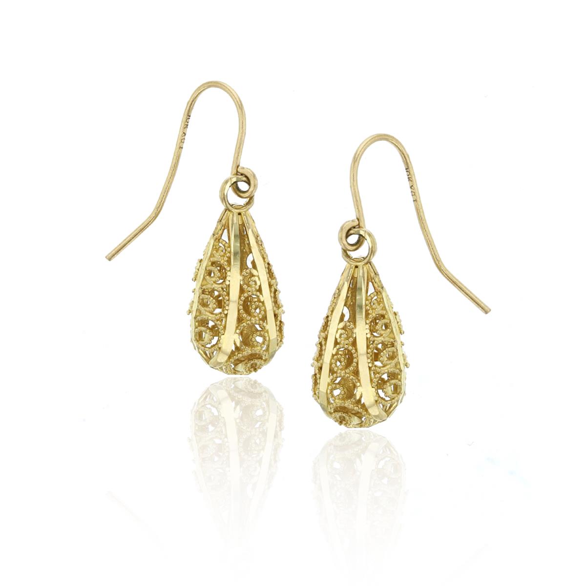 10K Yellow Gold Filigree Teardrop Dangling Earring