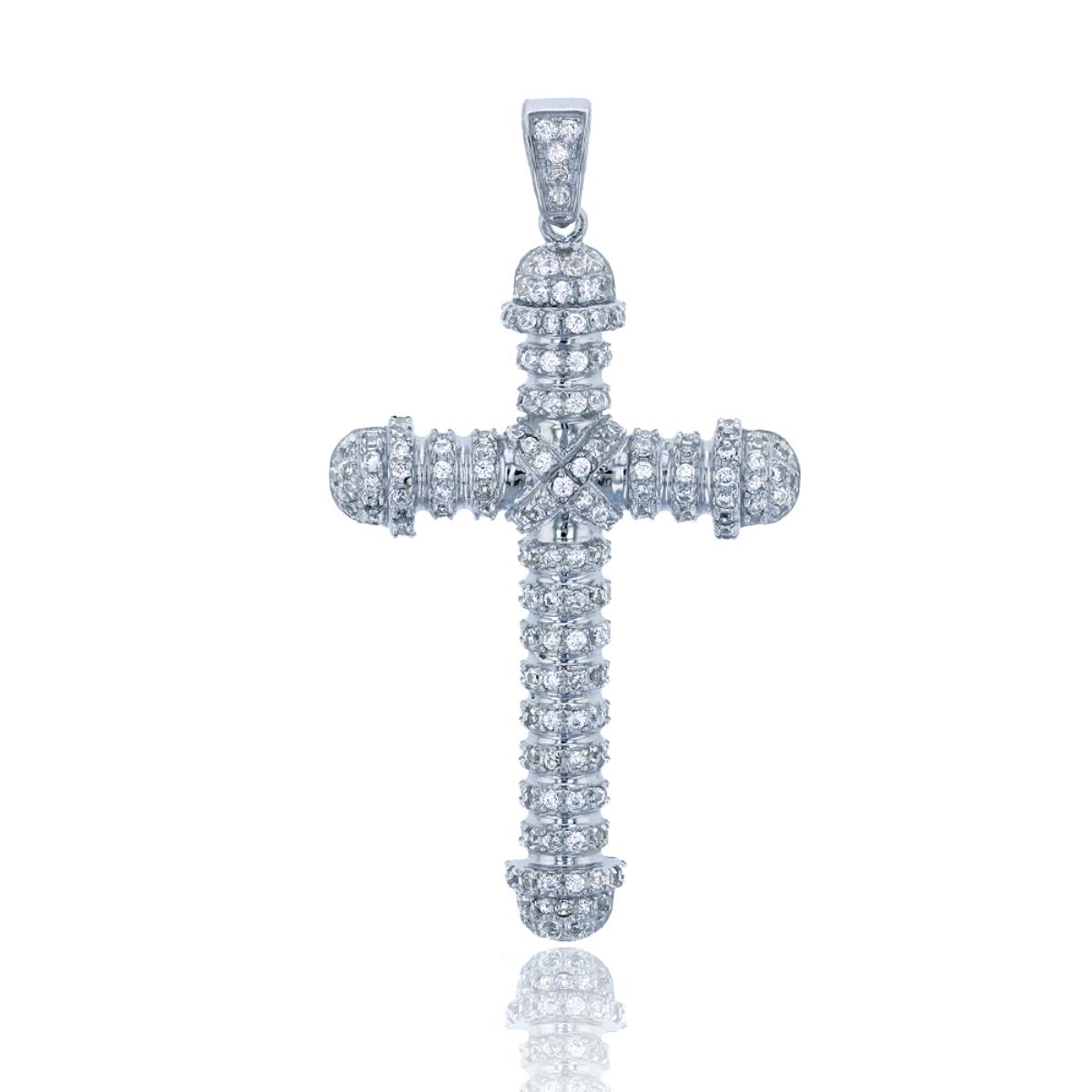 Sterling Silver Rhodium Micropave 1mm Round CZ Cross Dangling Pendant