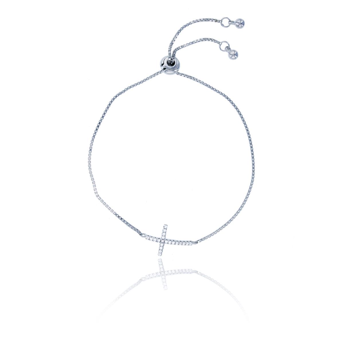 Sterling Silver Rhodium Micropave Round CZ Cross Adjustable Bracelet