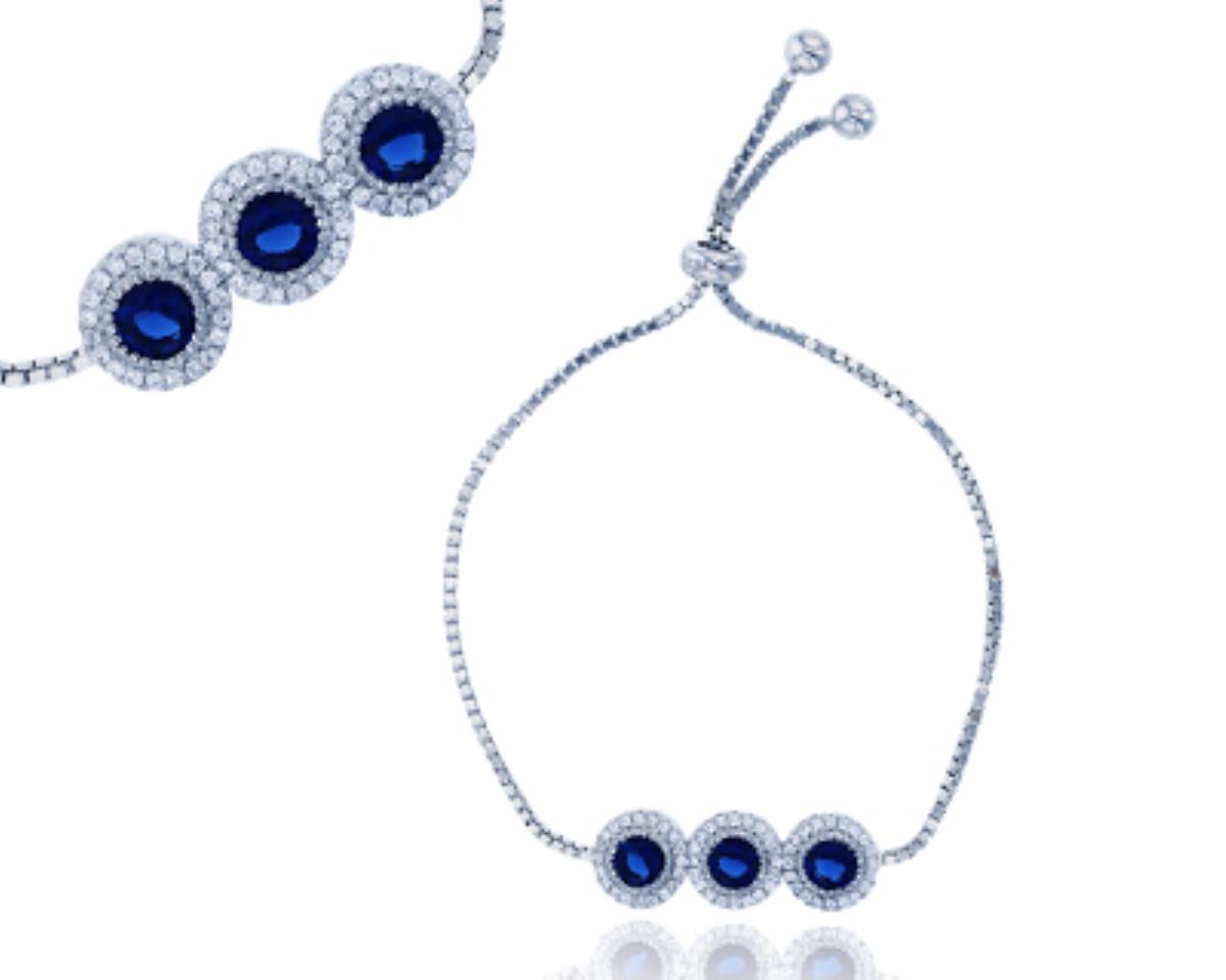 Sterling Silver Rhodium Round 5mm Sapphire Blue Glass & Clear CZ Adjustable Bracelet