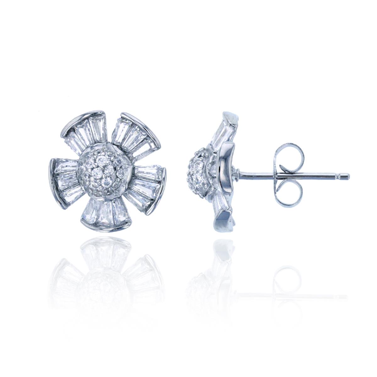 Sterling Silver Rhodium Micropave Round& Baguette CZ Flower Stud Earring