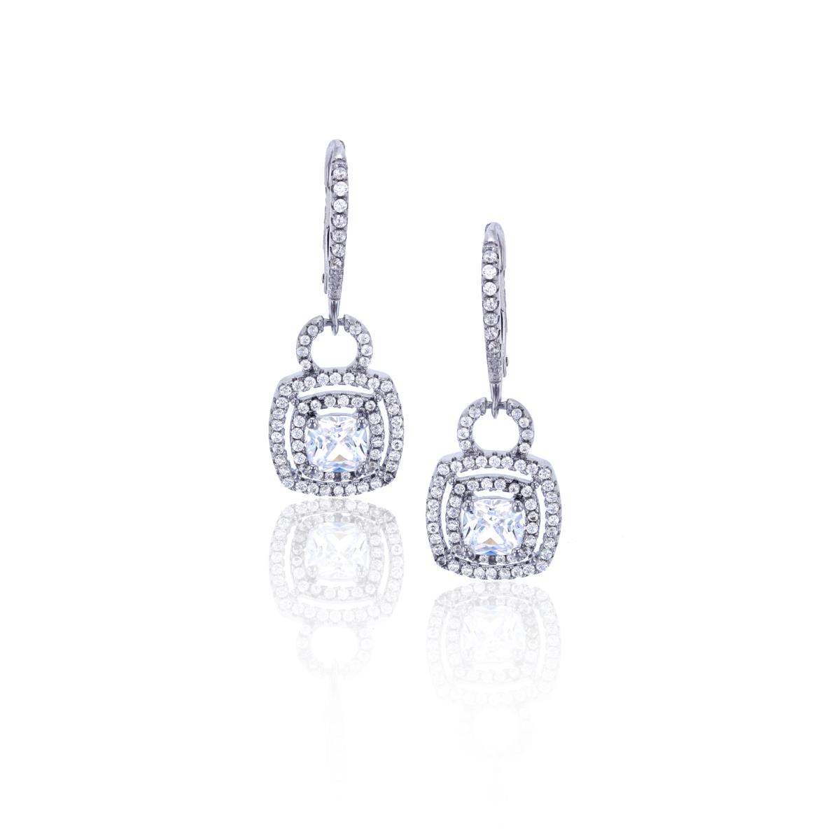 Sterling Silver Rhodium 5x5mm Cushion &Round CZ Halo Dangling Leverback Earring