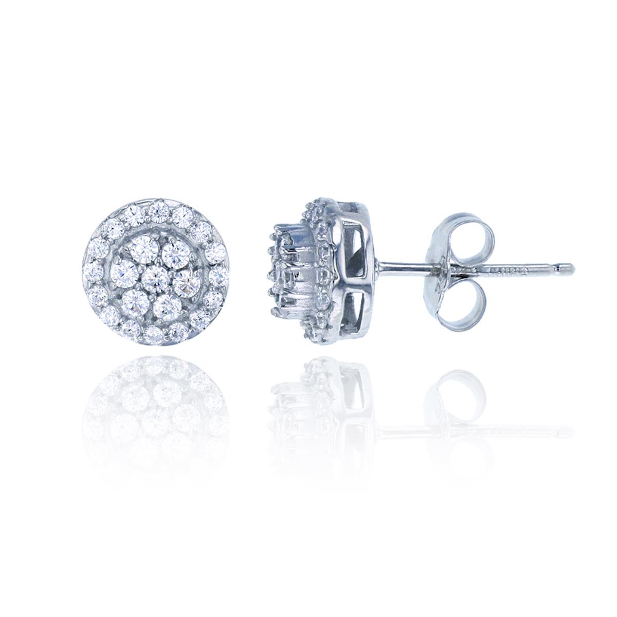 Sterling Silver Rhodium Micropave Round CZ Cluster Stud Earring