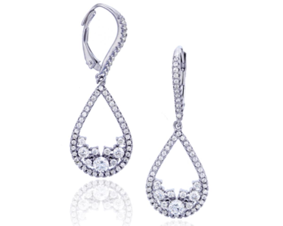 Sterling Silver Rhodium Round CZ Pear Shape Dangling Leverback Earring
