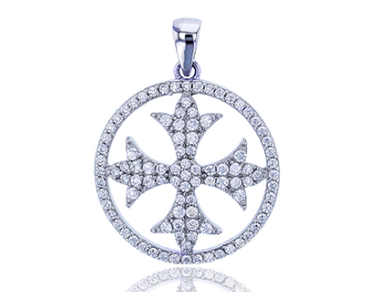 Sterling Silver Rhodium Micropave Round CZ Circle Cross In Pendant