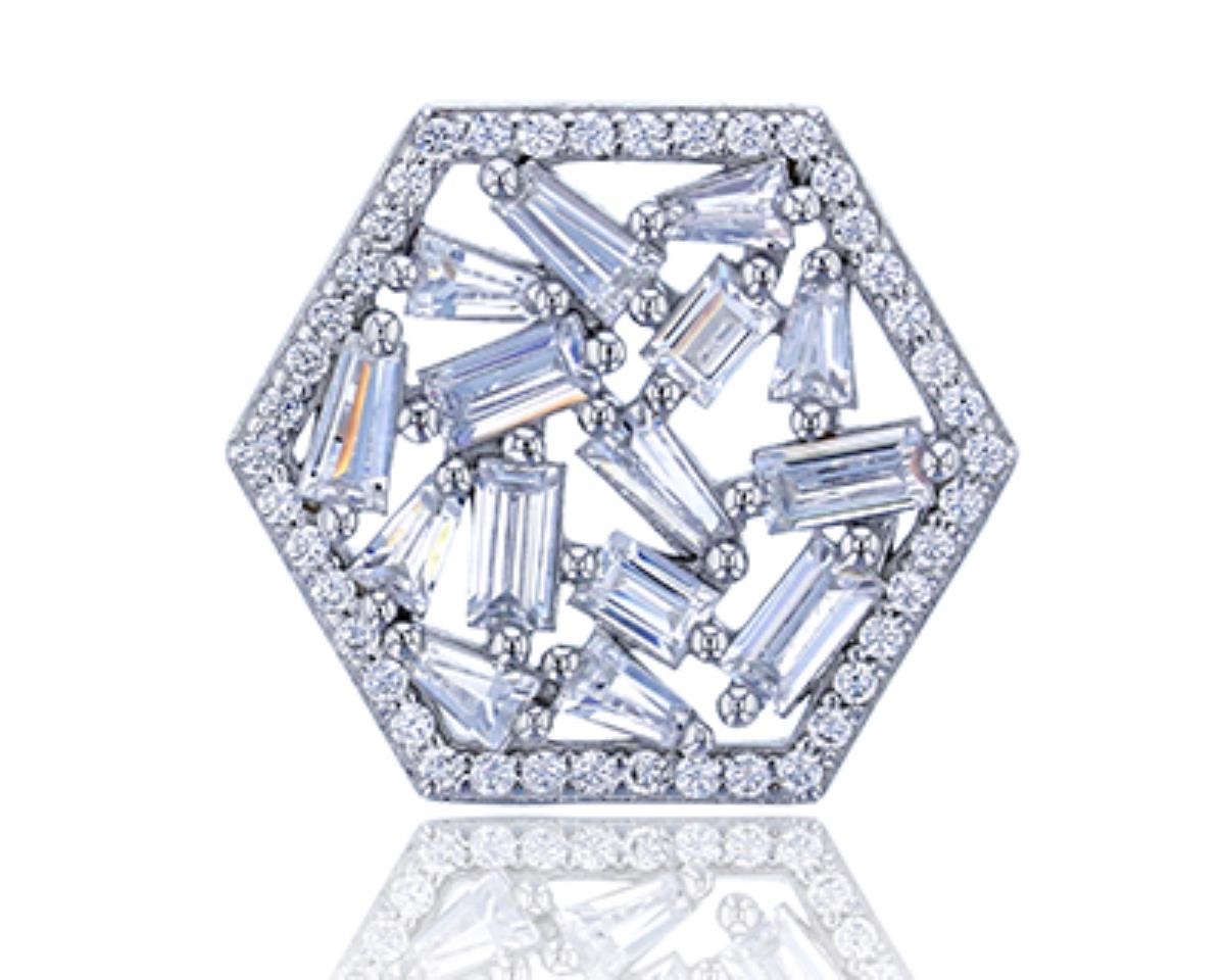 Sterling Silver Rhodium Round & Baguette CZ Hexagon Pendant