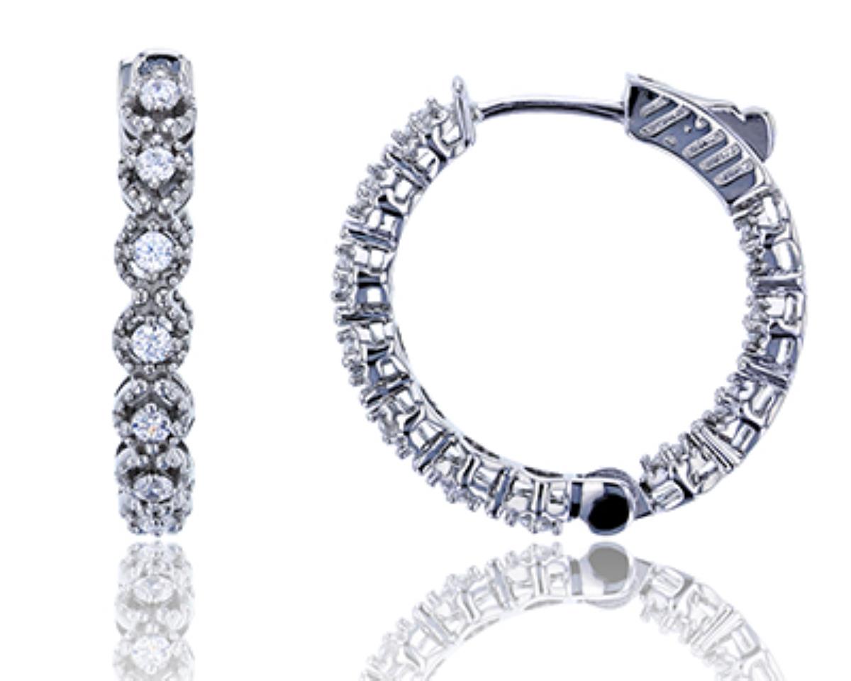 Sterling Silver Rhodium 4x25mm Micropave Round CZ Hoop Earring with Safety Lock