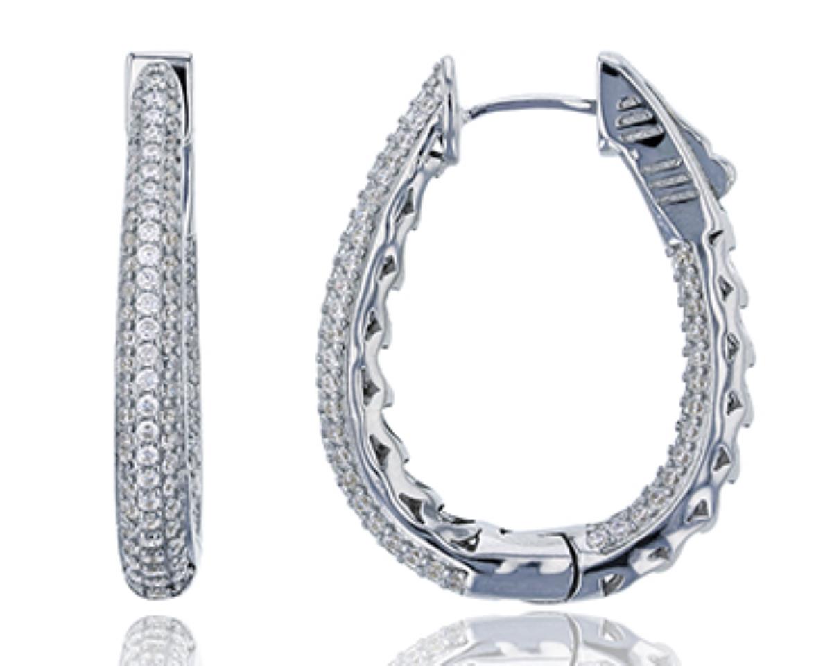 Sterling Silver Rhodium Micropave 4x30mm U-Shaped Hoop Earring with Safety Lock