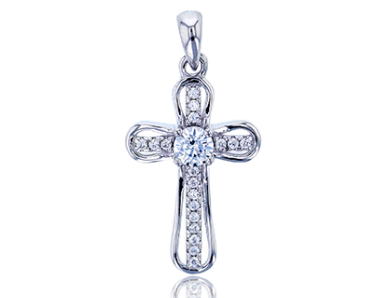 Sterling Silver Rhodium Micropave 4mm Round CZ Cross Pendant