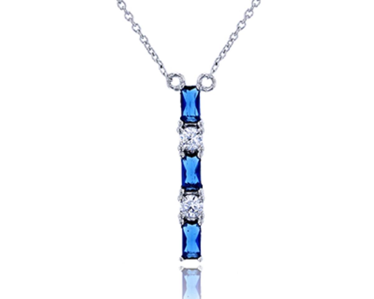 Sterling Silver Rhodium Emerald Cut Sapphire Glass & Clear CZ Vertical Bar 18" Necklace