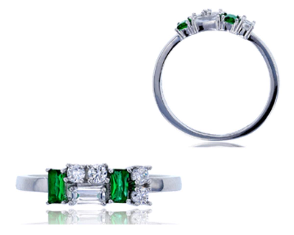Sterling Silver Rhodium Emerald Green Glass & Round CZ Fashion Ring