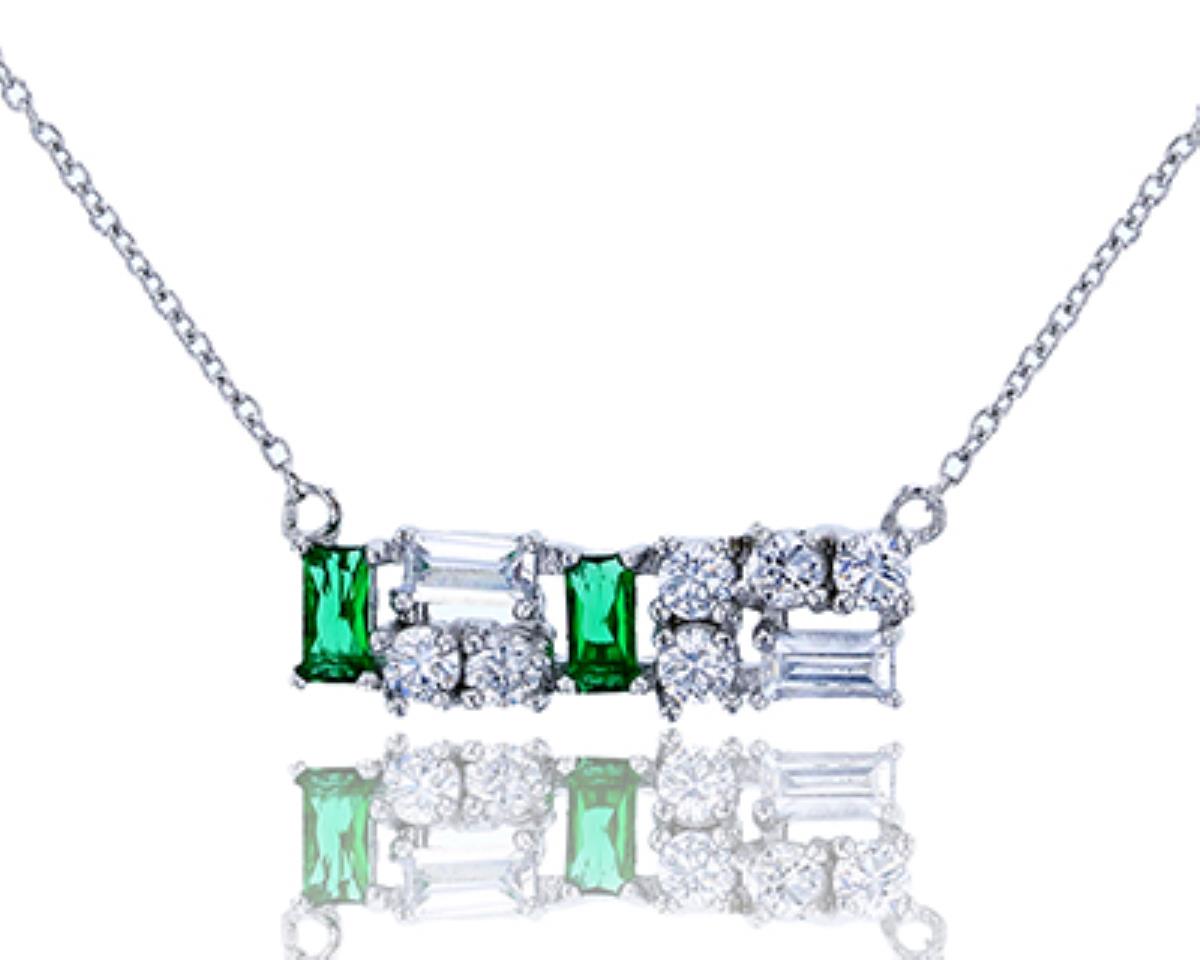 Sterling Silver Rhodium Emerald Glass & Multi-Cut Clear CZ Bar 18" Necklace