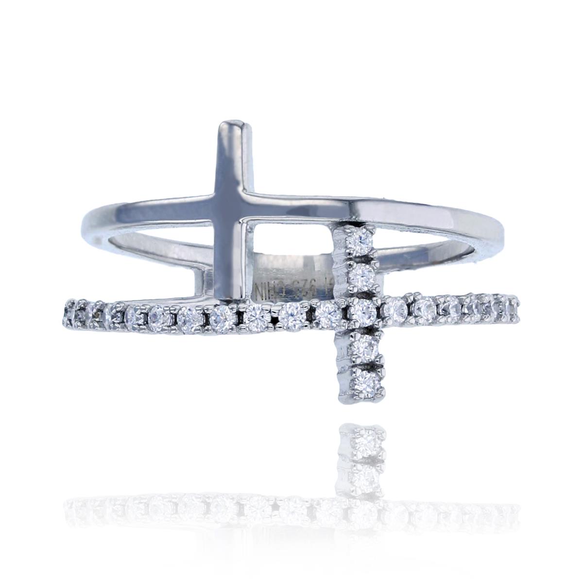 Sterling Silver Rhodium Micropave Round CZ Double Cross Fashion Ring