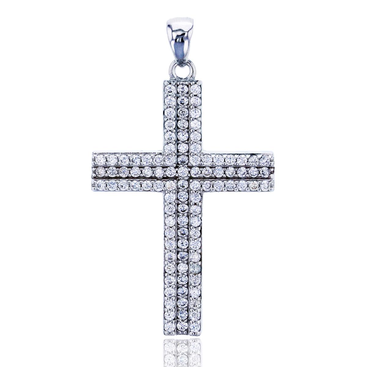 Sterling Silver Rhodium Micropave 1.25mm Round CZ Cross Dangling Pendant