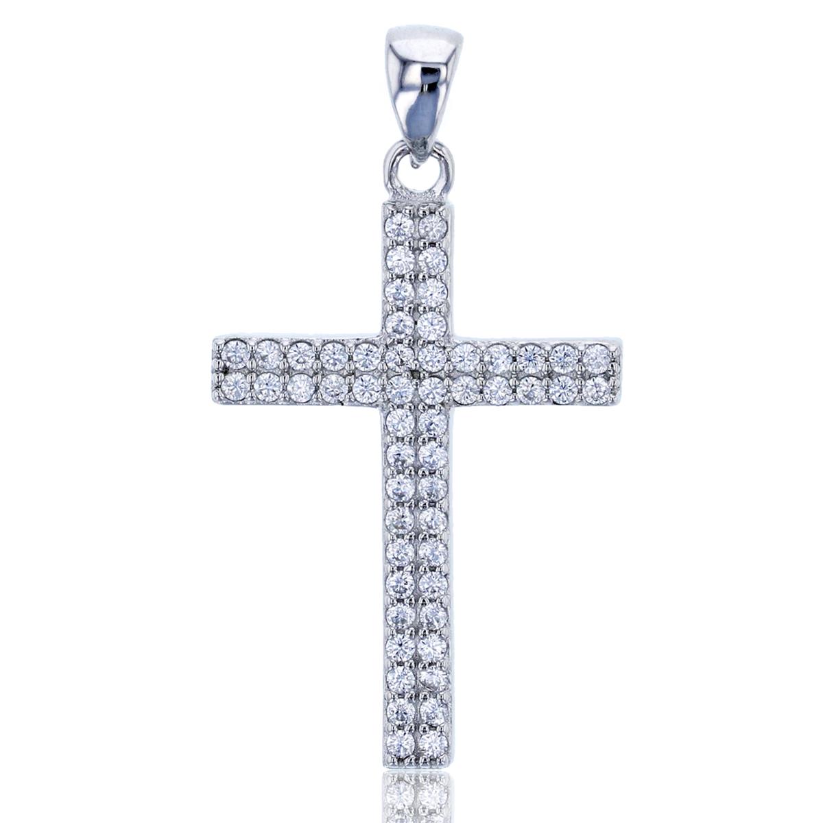 Sterling Silver Rhodium Micropave 1.3mm Round CZ Cross Dangling Pendant