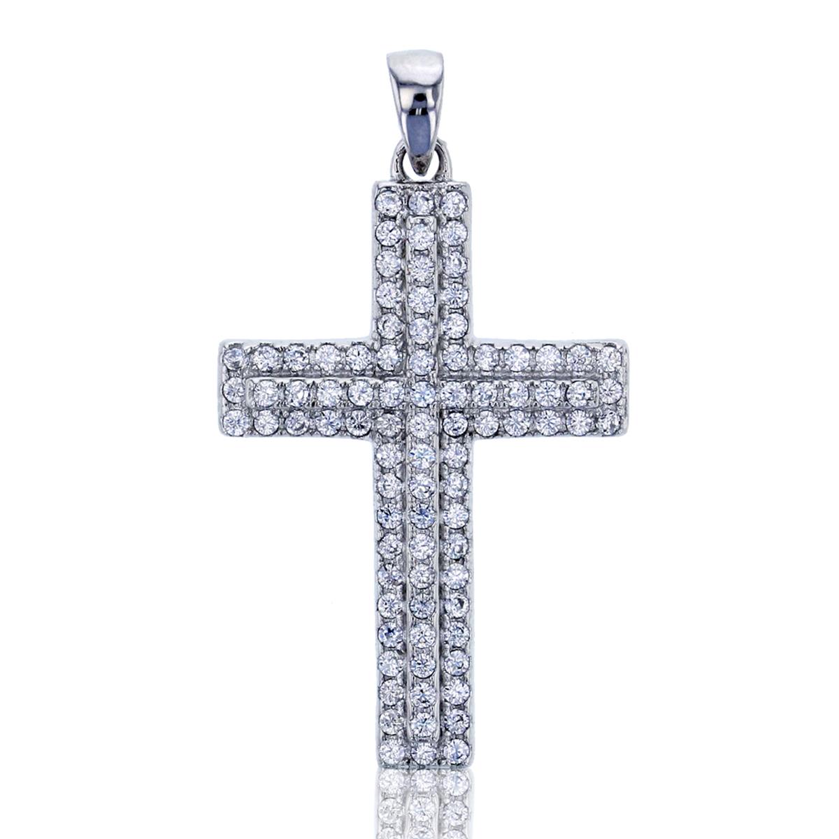 Sterling Silver Rhodium Micropave 1.1mm Round CZ Cross Dangling Pendant