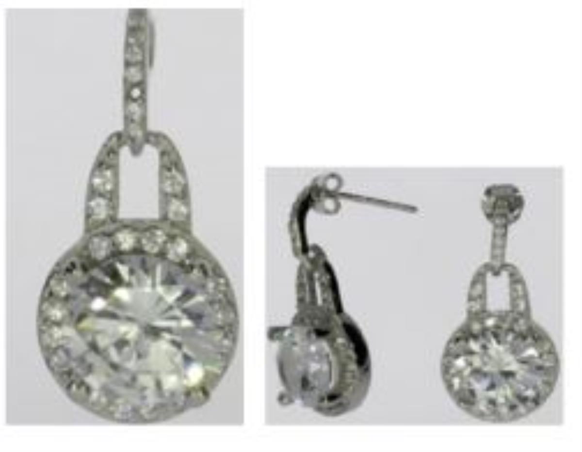 Sterling Silver Rhodium Pave 9mm Rd Halo Earring and 18" Necklace Set