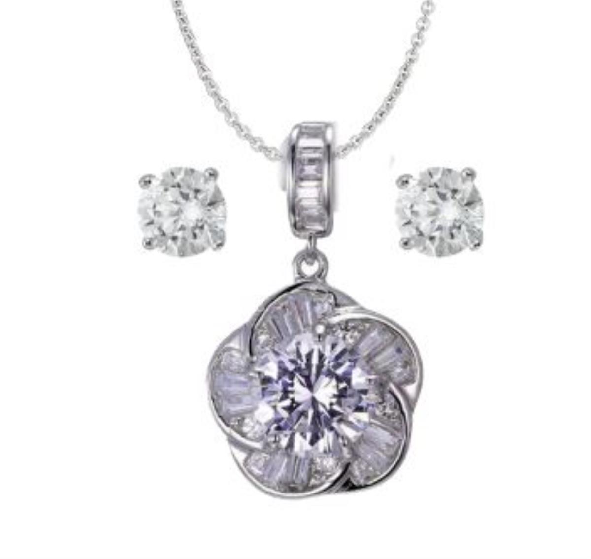 Sterling Silver Rhodium 6mm Rd Solitaire Stud and Baguette Cut Flower 18" Necklace Set