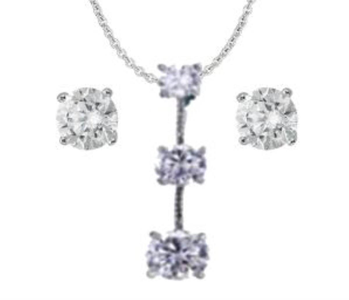 Sterling Silver Rhodium 6mm Rd Solitaire Stud and 3 Stone Round Drop Pendant 18" Necklace Set